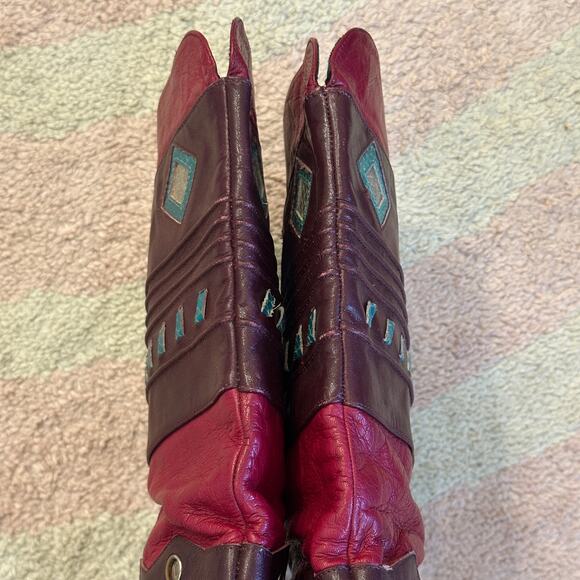 Vintage 80s Vita Mori Burgundy Geometric Western Revival Art Deco Leather Boots - Picture 7 of 12